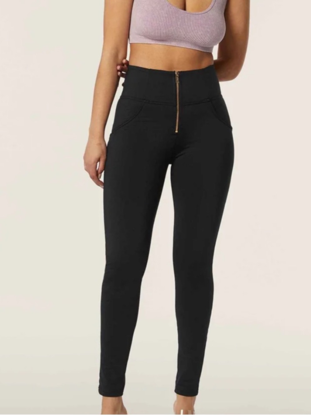 Freddy High-Waist Black Skinny Ponte Pants with Gold Zip
